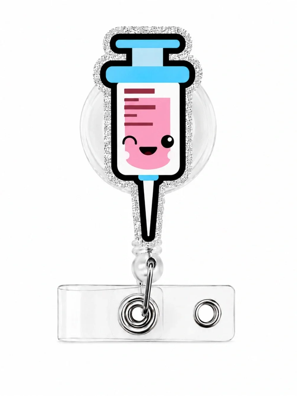 Cute Pink Syringe Badge Reel — Clear Retractable ID Holder